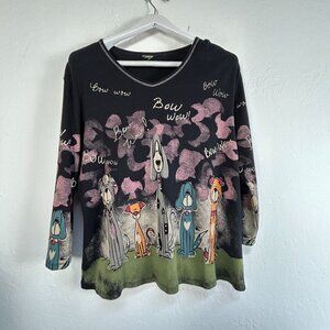 Womens Black "Bow Wow" Dog Print Long Sleeve V-Neck Top Multicolor Casual Basic